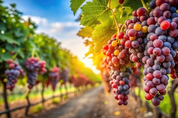 Fototapeta premium Ripe red grapes hang in a lush vineyard ready for autumn harvest Low Angle