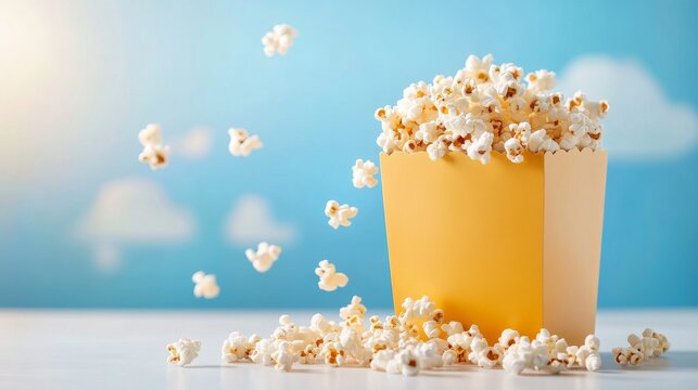 Freshly popped popcorn spilling from a yellow box