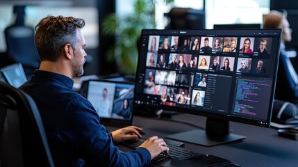 A man works on his computer, engaged in a video conference with multiple participants displayed on the screen in a modern office setting.