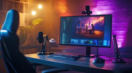A sleek gaming setup featuring a monitor, keyboard, and microphone, adorned with colorful lighting in a modern space.