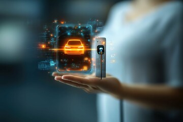 Electric Car Charging. Futuristic electric vehicle charging station held in hand with glowing car icon and digital interface, technology innovation, smart city concept, clean energy, sustainable tran