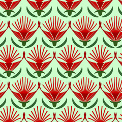 Art Deco red and green seamless pattern. Geometric decorative texture. Vector floral background.