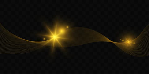 Golden waves with glittering effects. Beautiful curved lines and sparks. Special golden light effect, wave lines.