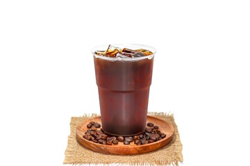 Americano ice coffee menu for special put on white background,serving on wooden tray.