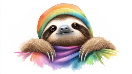 Obraz premium Colorful sloth wearing a rainbow hat and scarf, cute expression, white isolated background. Playful and funny animal.