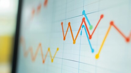 Close-up of a computer screen displaying a line graph with multiple lines in different colors, showing the trend of growth and decline.