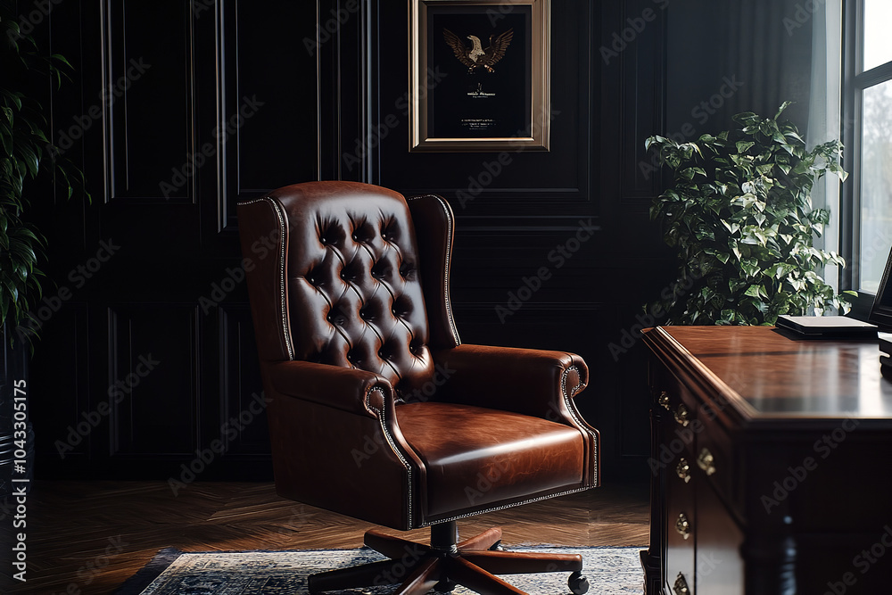 Wall mural Luxurious Leather Executive Chair with Skyline View in Corporate Office  