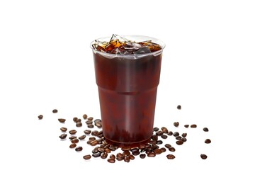 Americano ice coffee and coffee beans spread over glass put on white background with isolated style.