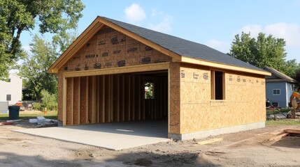 Obraz premium New Garage Construction: A single-car garage under construction, showcasing the framing, sheathing, and roof of the new structure. The garage door is open, and a concrete driveway is in place.