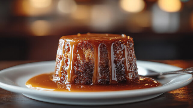 Sticky toffee pudding with caramel sauce on a plate