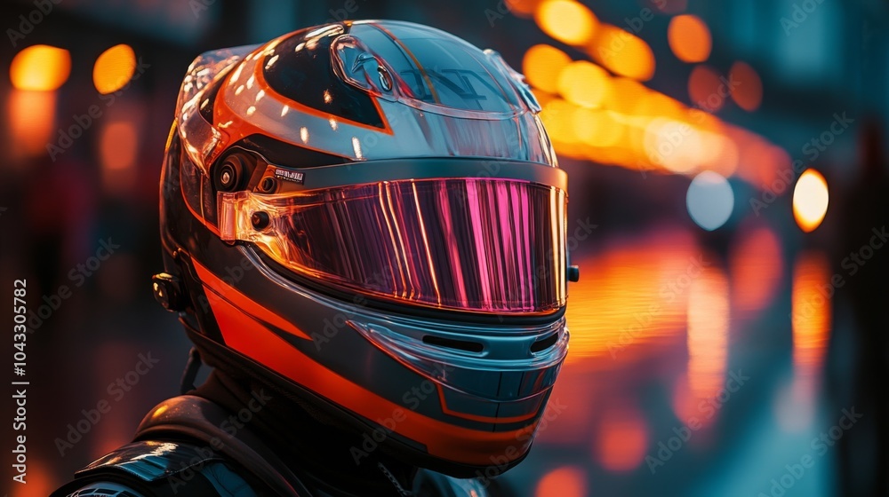 Poster a motorcyclist stands confidently in an urban setting, wearing a stylish helmet with a vivid visor. 