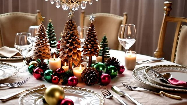 Festive Christmas Table Setting: A beautifully decorated dining table with a stunning centerpiece of pine cone trees and ornaments, perfect for a cozy Christmas dinner with family and friends. 