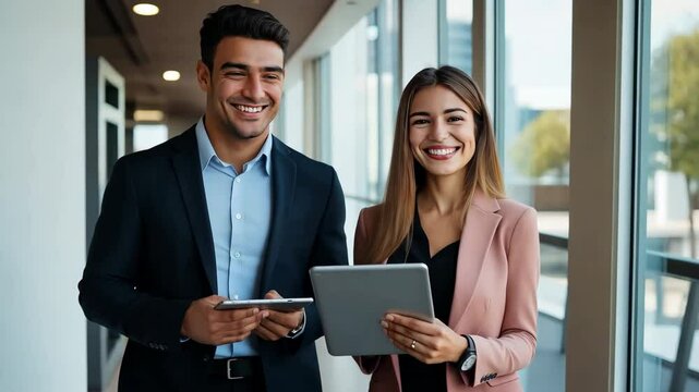 A man and a woman are smiling and holding a tablet. The man is wearing a suit and the woman is wearing a pink jacket. They seem to be happy and enjoying their time together