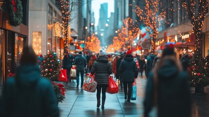 Obraz premium A busy city street with Christmas shoppers carrying bags full of gifts, decorated with holiday lights and wreaths.