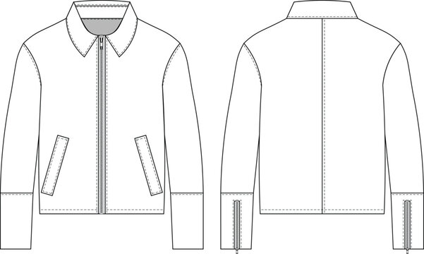 with pockets zippered cuff long sleeve collared denim jean leatherjacket coat template technical drawing flat sketch cad mockup fashion men man unisex  woman design style model 
