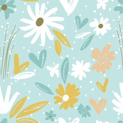 Seamless floral pattern based on traditional folk art ornaments. Colorful flowers on color background. Scandinavian style. Sweden nordic style. Vector illustration. Simple minimalistic pattern