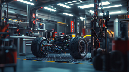 Fototapeta premium Car Factory, Automated Robot Arm Assembly Line Manufacturing High-Tech Green Energy Electric Vehicles. Automatic Construction, Building, Welding Industrial Production Conveyor. AI 