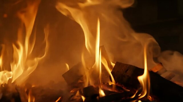 piles of rubbish burning in flames with smoke billowing in the air. Towards Camera. 4K Video