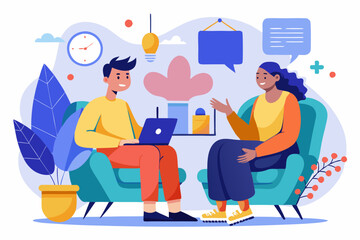 Friendly conversation between colleagues in a modern office setting for teamwork and collaboration