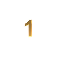 Golden number 1 sign, 3d gold number one symbol isolated on white background.