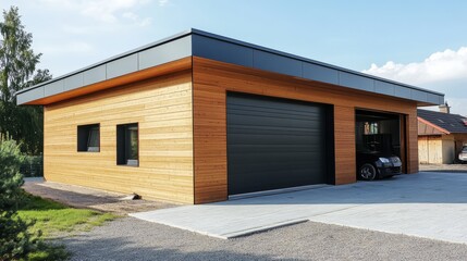 Modern Wood Garage with Black Doors: A sleek, contemporary garage with wood siding and black doors, showcasing a modern architectural style. 
