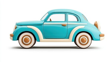 Fototapeta premium Vintage turquoise car with a classic design, white isolate background. Playful vehicle and clay art.
