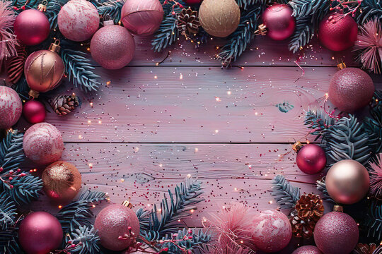 pink and golden christmas baubles with fir tree branches on rustic wooden ground, space for texr, christmas background, christmas invitation, christmas card