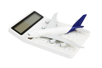 Price of airplane tickets concept. Airplane and calculator isolates on white background.