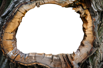 Large blank hole with copy space in a tree trunk, nest in a tree, wooden hole isolated on transparent background, png file