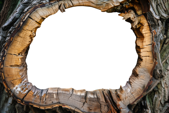 Large blank hole with copy space in a tree trunk, nest in a tree, wooden hole isolated on transparent background, png file