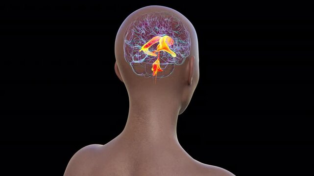 Ventricular system of the brain, 3D animation. The ventricles are cavities in the brain that are filled with cerebrospinal fluid (CSF).