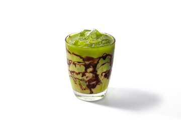 Iced green tea serving on bamboo tray with isolated concept.