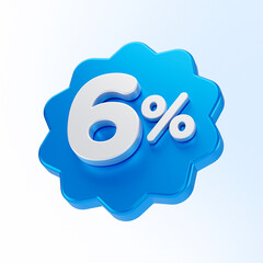 blue six percent or 6 % discount number isolated on white background. 3d render