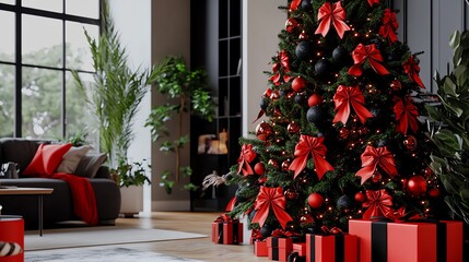 Fototapeta premium Festive interior with a decorated Christmas tree and wrapped gifts.