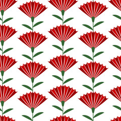 Art Deco red and green floral pattern on a transparent background. Geometric decorative seamless texture, vector.