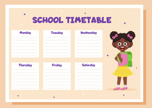School timetable, lesson schedule and organizer template. Study weekly planner with schoolgirl.