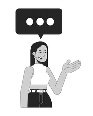 Smiling middle eastern woman with text message bubble black and white 2D line character. Modern arab female talking three dots isolated vector outline person. Monochromatic spot illustration