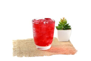 Concept pictures of beverage with sweet red water served on sack in white background and isolated style.