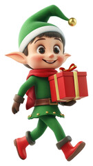 PNG Christmas elf walking holding a present box.