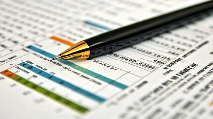 A close-up of a pen resting on a document filled with data and forms for review.