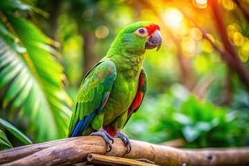 A vibrant green parrot perches on a weathered branch, surrounded by lush, tropical foliage.