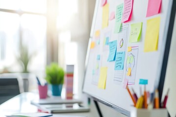 A whiteboard filled with colorful sticky notes for brainstorming and project planning.