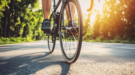 Fototapeta premium A cyclist riding on a sunny road surrounded by trees, showcasing leisure and outdoor activity.