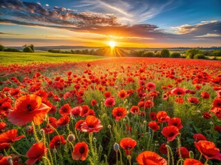 Fototapeta premium A vibrant panorama of red poppies, green buds, and wildflowers.