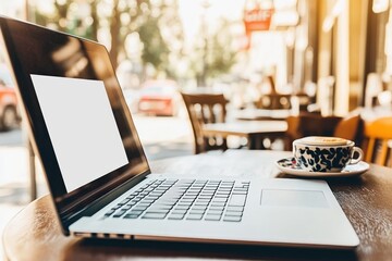 Fototapeta premium A laptop on a wooden table with a coffee cup in a sunny outdoor setting.