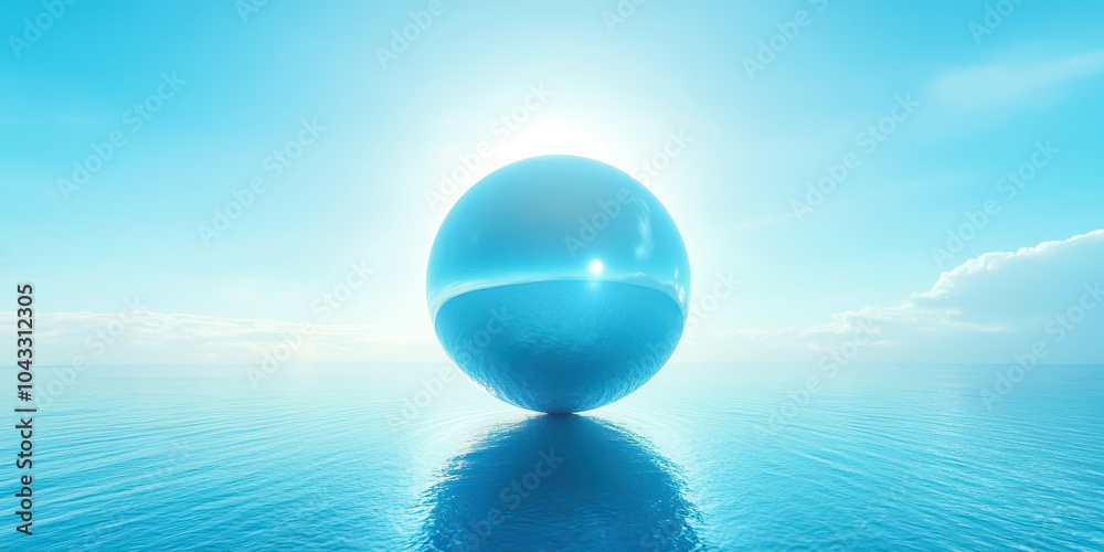 Poster a large blue sphere is floating on the surface of a calm blue ocean