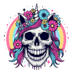 A wild and whimsical vector design featuring a smiling unicorn skull, blending fantasy with a hint of madness and dark humor.