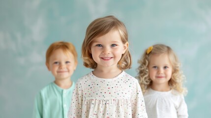 Three cheerful children pose together against a soft blue background, showcasing their playful expressions and unique hairstyles.