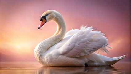 Fototapeta premium A graceful swan with pristine white feathers rests upon the calm surface of a tranquil water body, bathed in the soft glow of a picturesque sunset.