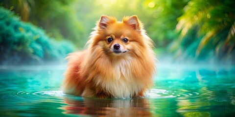 Obraz premium A Lush Green Forest Canopy Reflects in the Tranquil Water as a Small Orange Dog Stands Midstream, Its Fur Matted and Wet, Its Eyes Gazing Serene and Curious